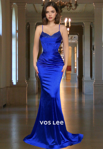 Sparkly Sheath V Neck Mermaid Sweep Train Draped Satin Prom Evening Dress