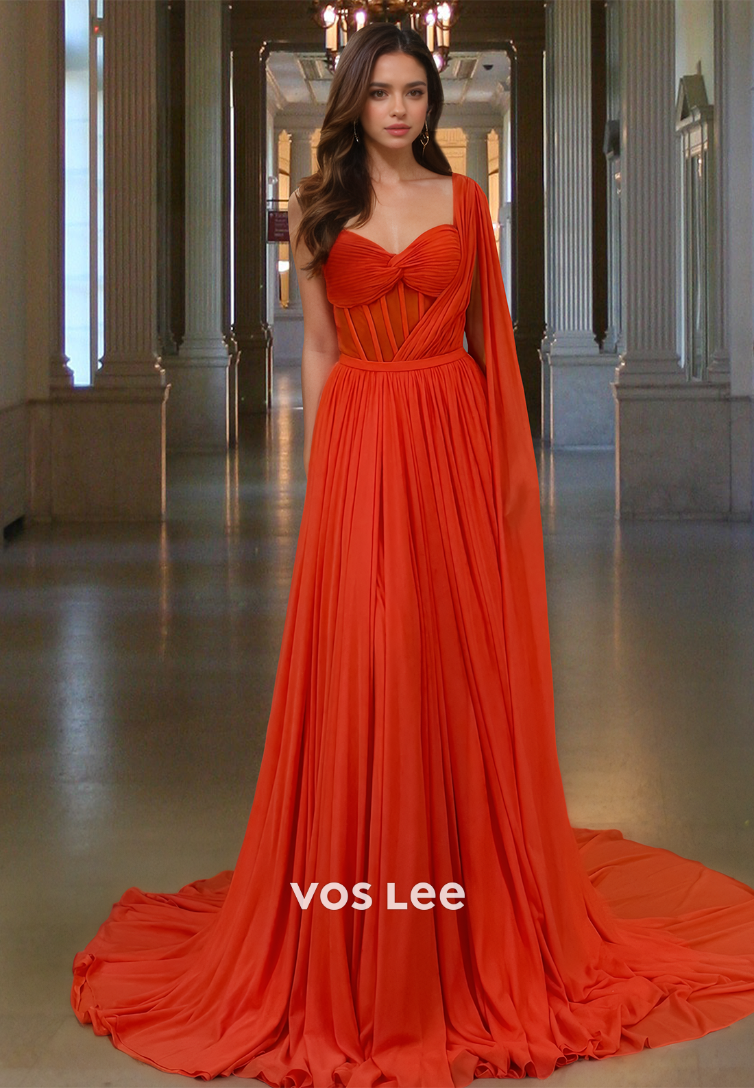 open lace back dress A-Line Red One Shoulder Back Zipper Pleated Sweep Train Prom Formal Dr –  VOS LEE