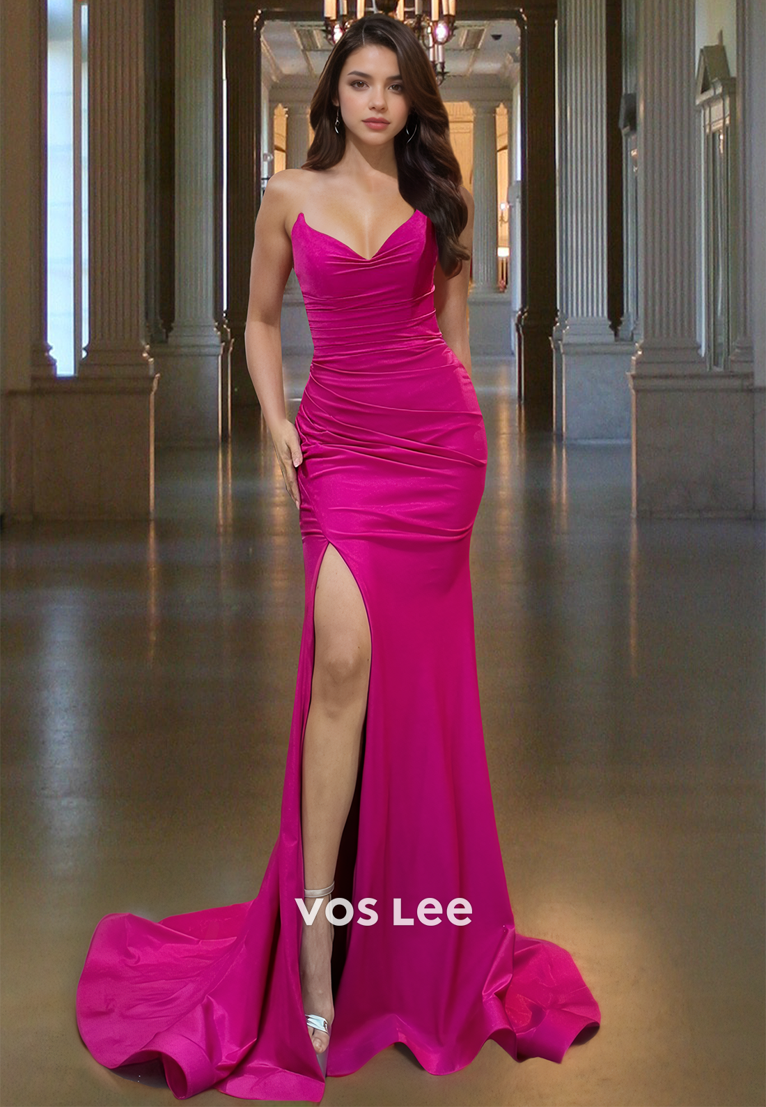 Sexy Sheath V Neck Sweep Train Side Split Fuchsia Draped Satin Prom Formal Dress