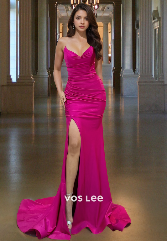 Sexy Sheath V Neck Sweep Train Side Split Fuchsia Draped Satin Prom Formal Dress