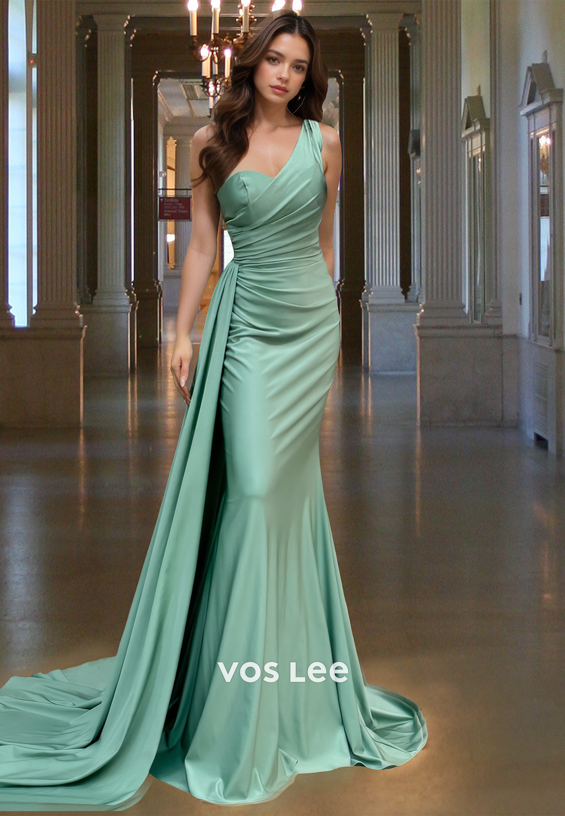 Mermaid One Shoulder Sleeveless Sweep Train Sheath Ruched Satin Prom Pageant Dress