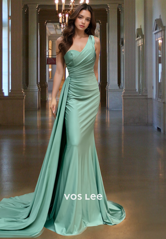 Mermaid One Shoulder Sleeveless Sweep Train Sheath Ruched Satin Prom Pageant Dress