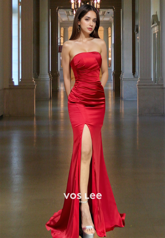 Vintage Sheath Strapless Draped Lace Up Red Satin Prom Party Dress with Split