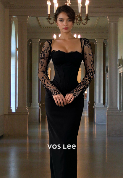 Sexy Sheath Sweetheart Long Sleeves Lace Appliques Satin Prom Party Dress