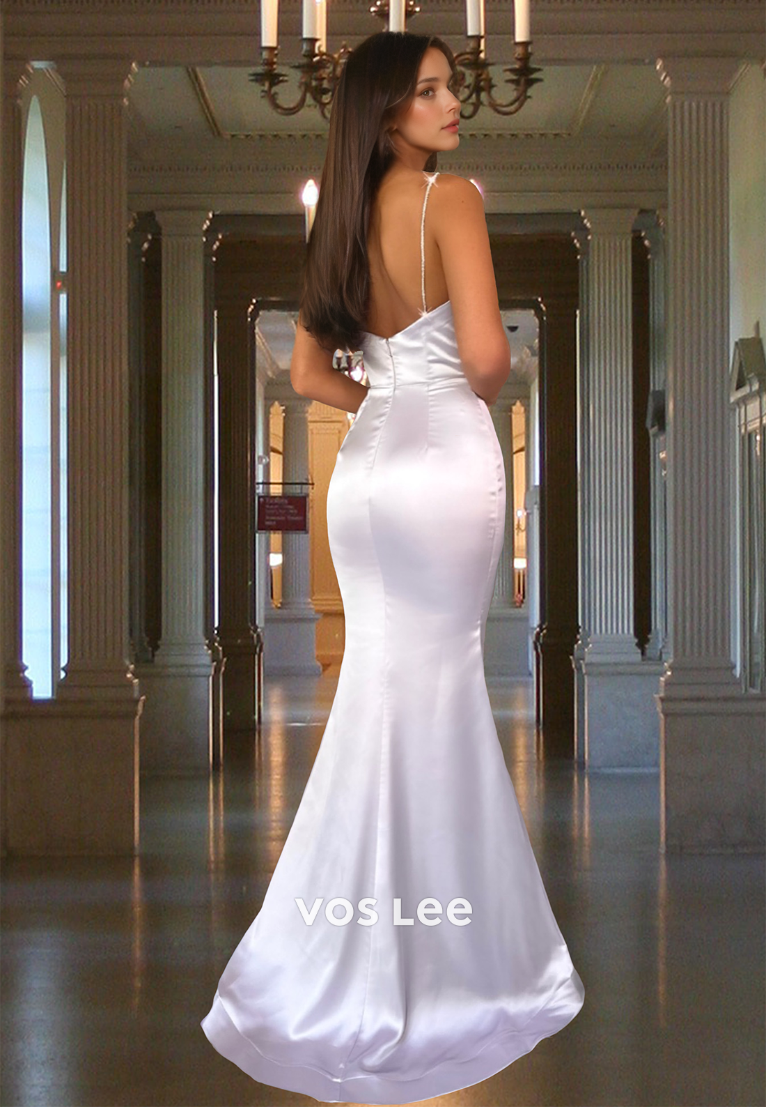 White Column Scoop Neck Backless Side Split Sequins Satin Prom Party Dress