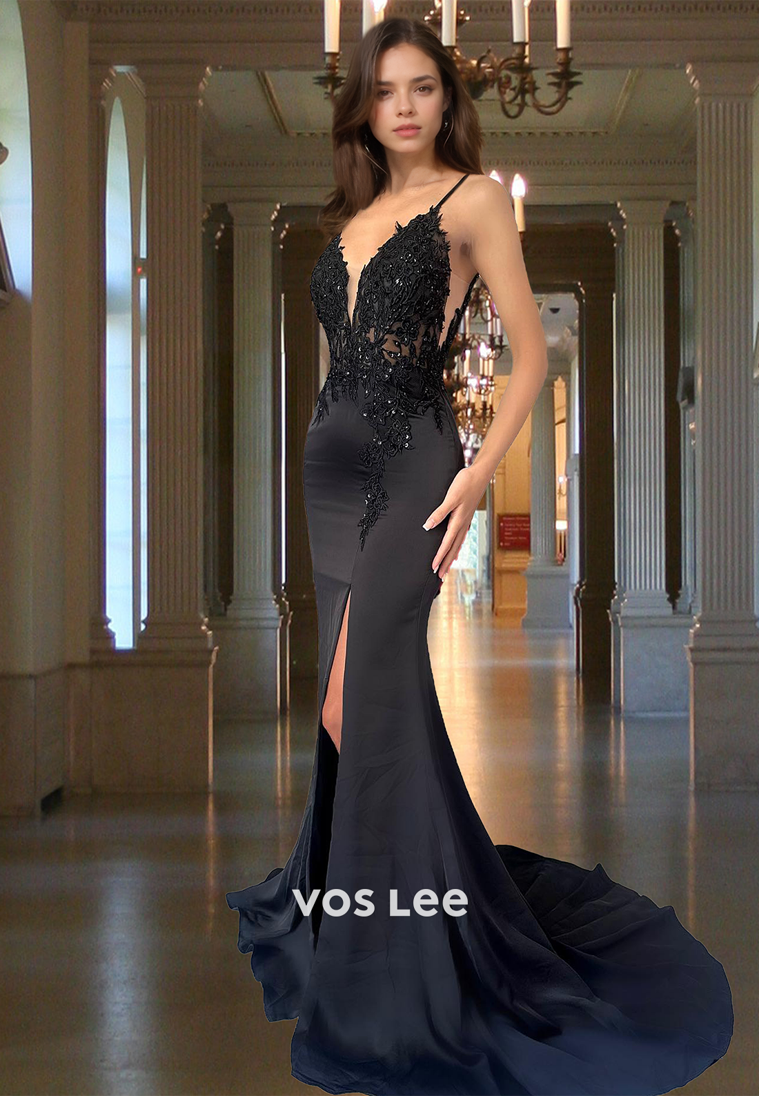 Modest Sheath V Neck Backless Lace Appliques Side Split Satin Prom Evening Dress