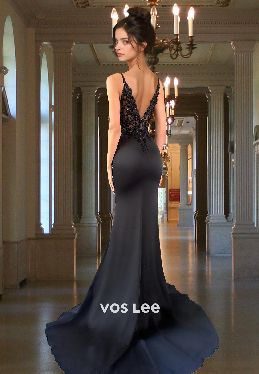 Modest Sheath V Neck Backless Lace Appliques Side Split Satin Prom Evening Dress