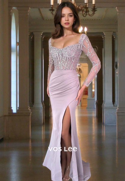 Graceful Column V Neck Illusion Long Sleeves Side Split Sequins Prom Party Dress