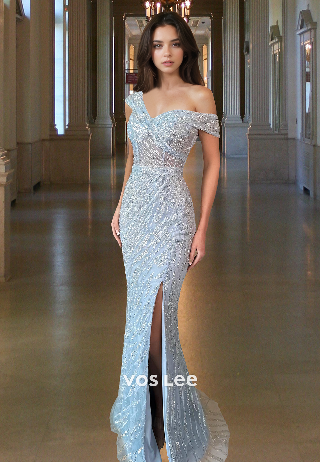 Classy One Shoulder Sheath Back Zipper Sequins Prom Pageant Dress with Split Classy One Shoulder Sheath Back Zipper Sequins Prom Pageant Dress with Split