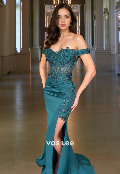 Elegant Sheath Off Shoulder Lace Appliques Sweep Train Prom Evening Dress