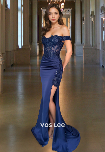 Elegant Sheath Off Shoulder Lace Appliques Sweep Train Prom Evening Dress