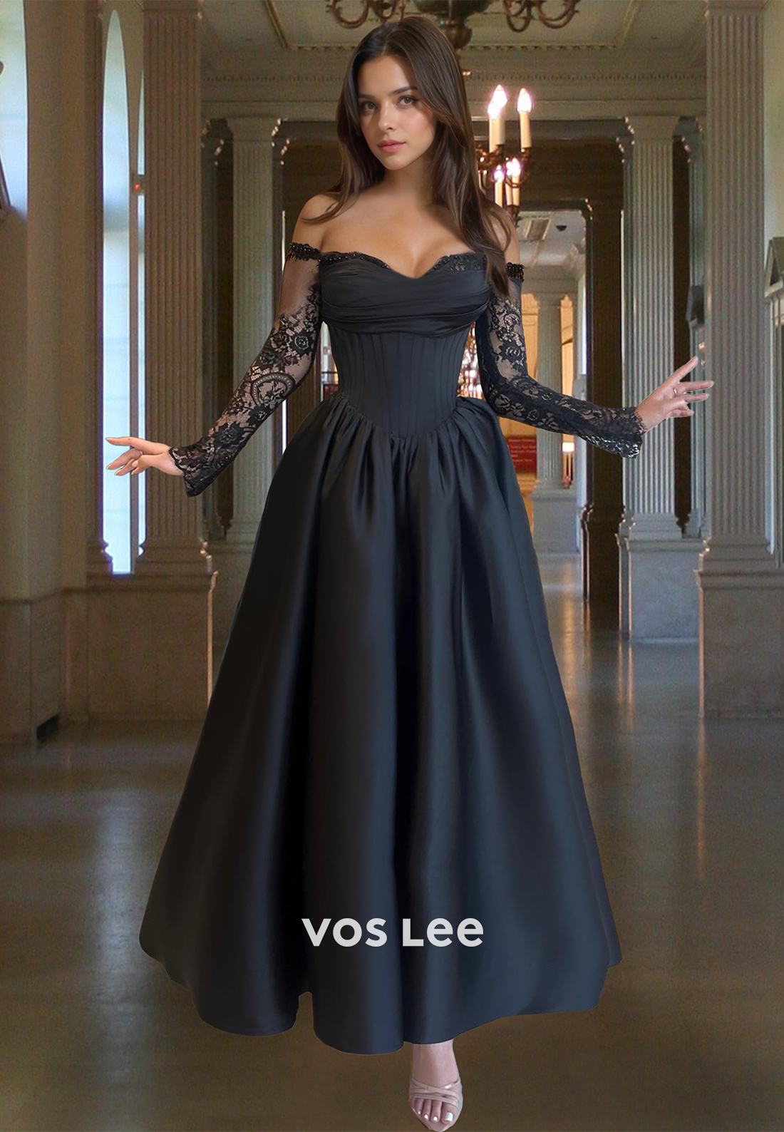 Simple A-Line Off Shoulder Long Sleeves Floor Length Pleated Prom Formal Dress