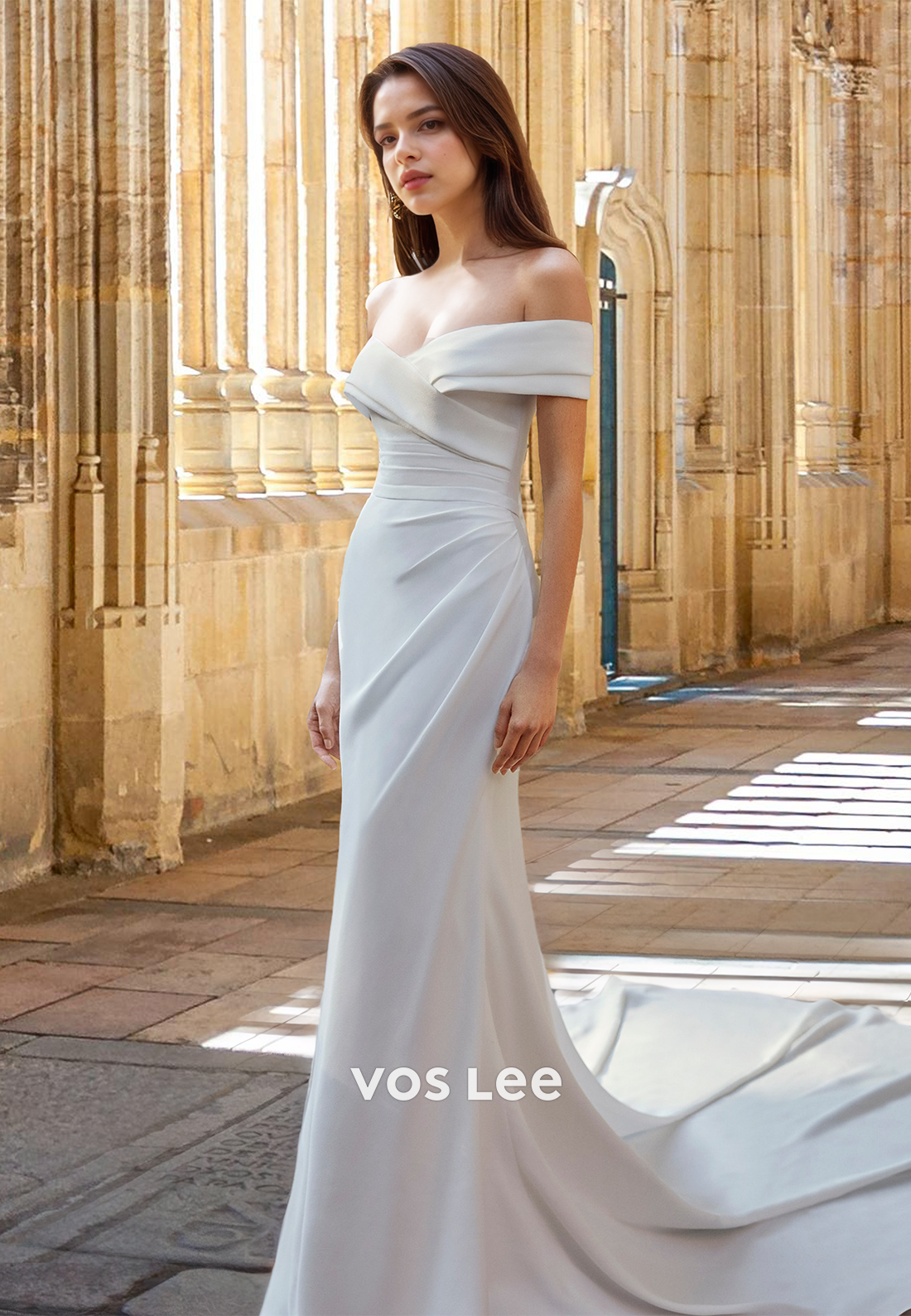 off shoulder ruched wedding dress Simple Column Off Shoulder Back Zipper Court Train Ruched Satin Weddin –  VOS LEE