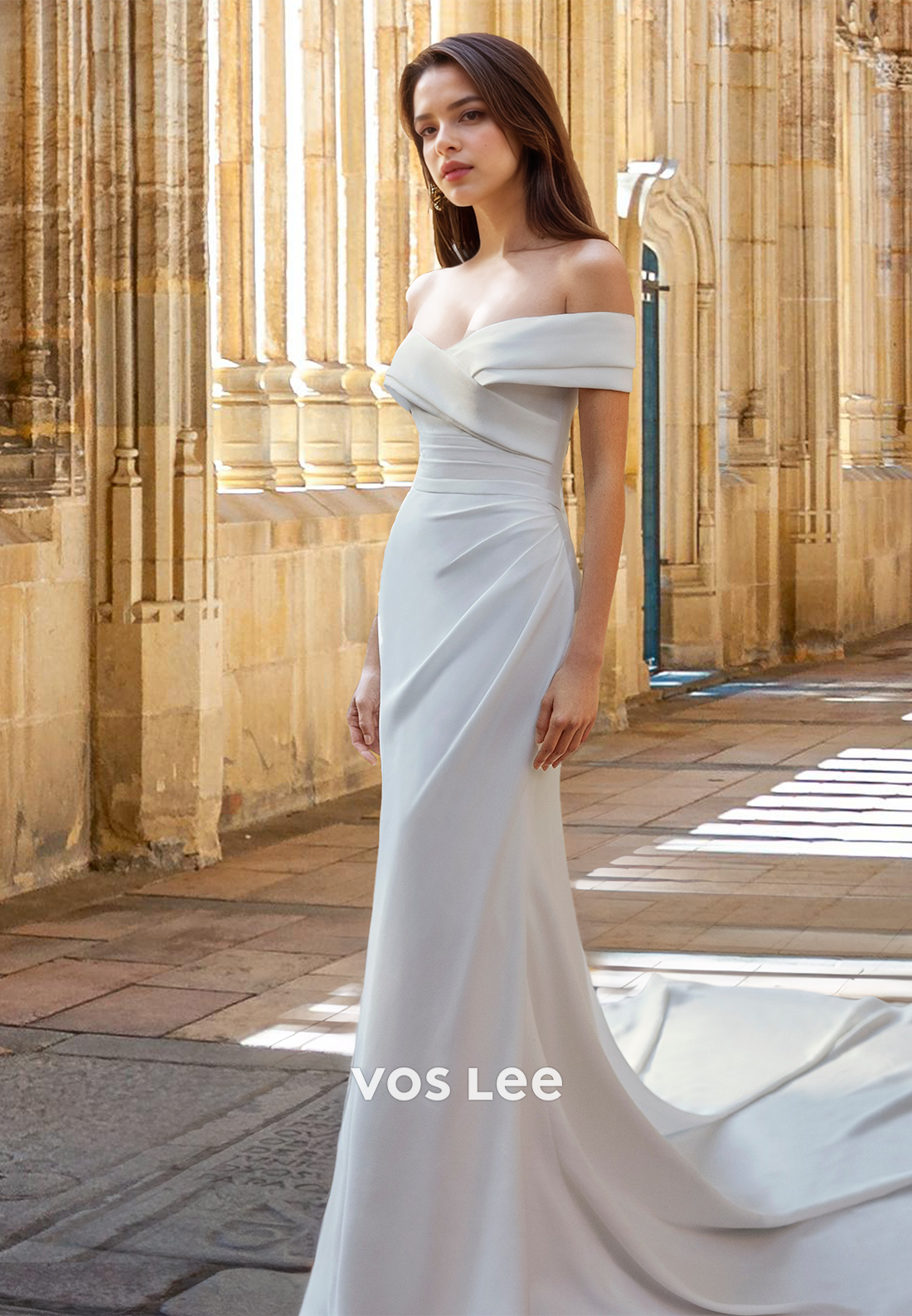 Simple Trumpet Off Shoulder Back Zipper Draped Sleeveless Satin Wedding Dress