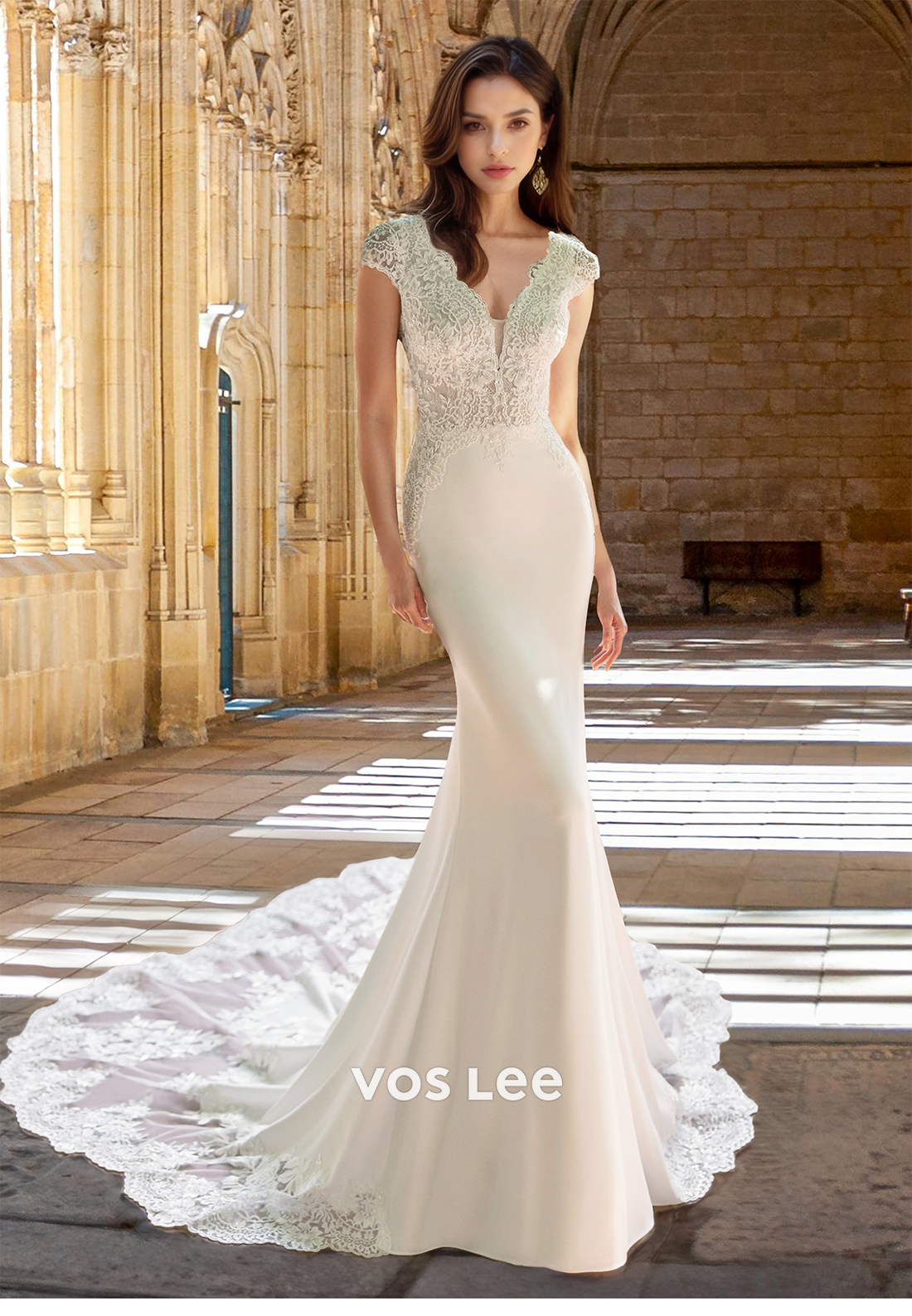 Graceful V Neck Cap Sleeves Mermaid Lace Appliques Satin Wedding Bride Dress