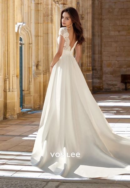 Classy A-Line V Neck Short Sleeves Backless Side Split Satin Wedding Gown