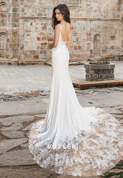 Ornate Sheath V Neck Spaghetti Straps Court Train Backless Lace Appliques Wedding Gown