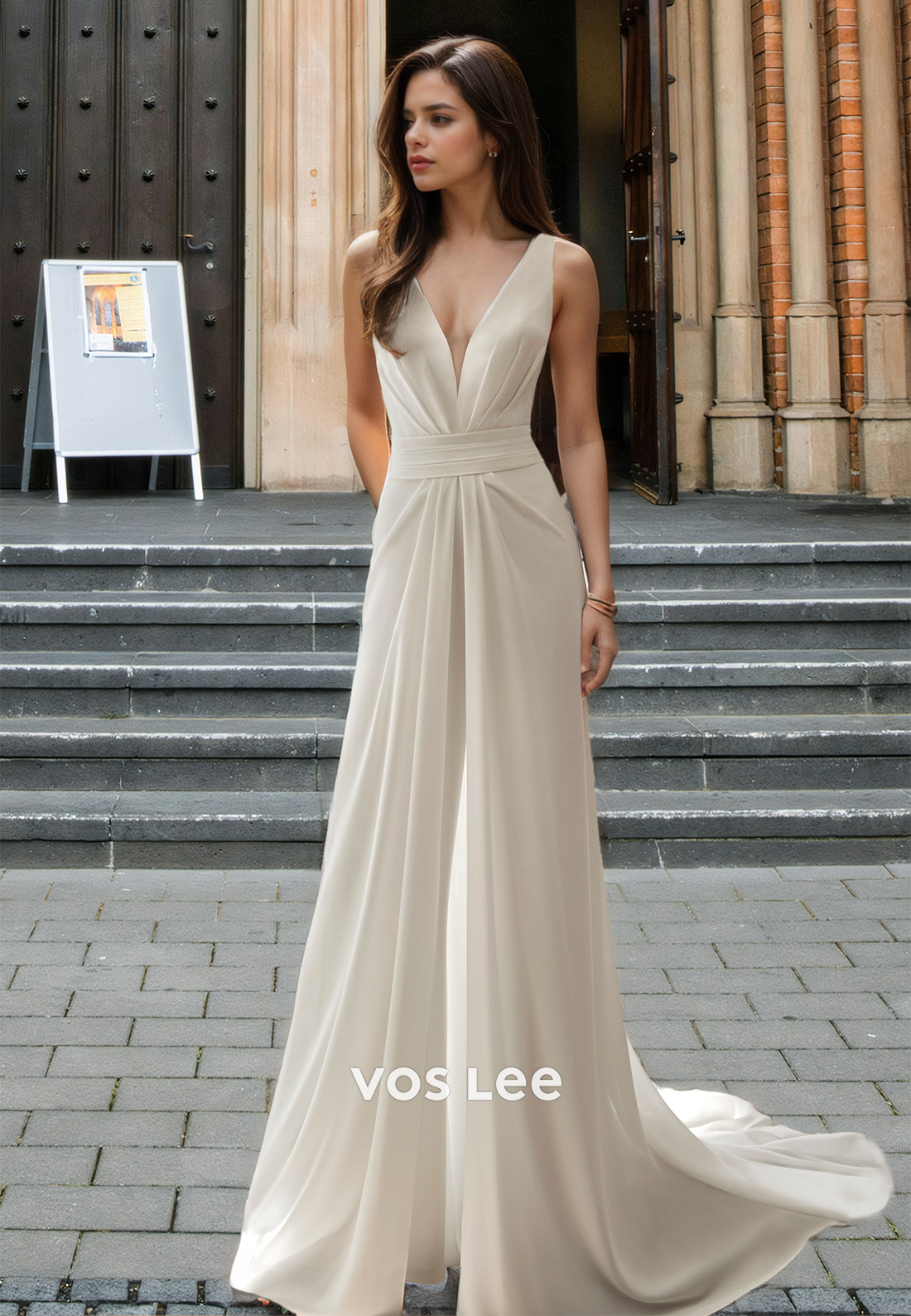 Simple A-Line V Neck Backless Sweep Train Pleated Satin Wedding Guest Dress