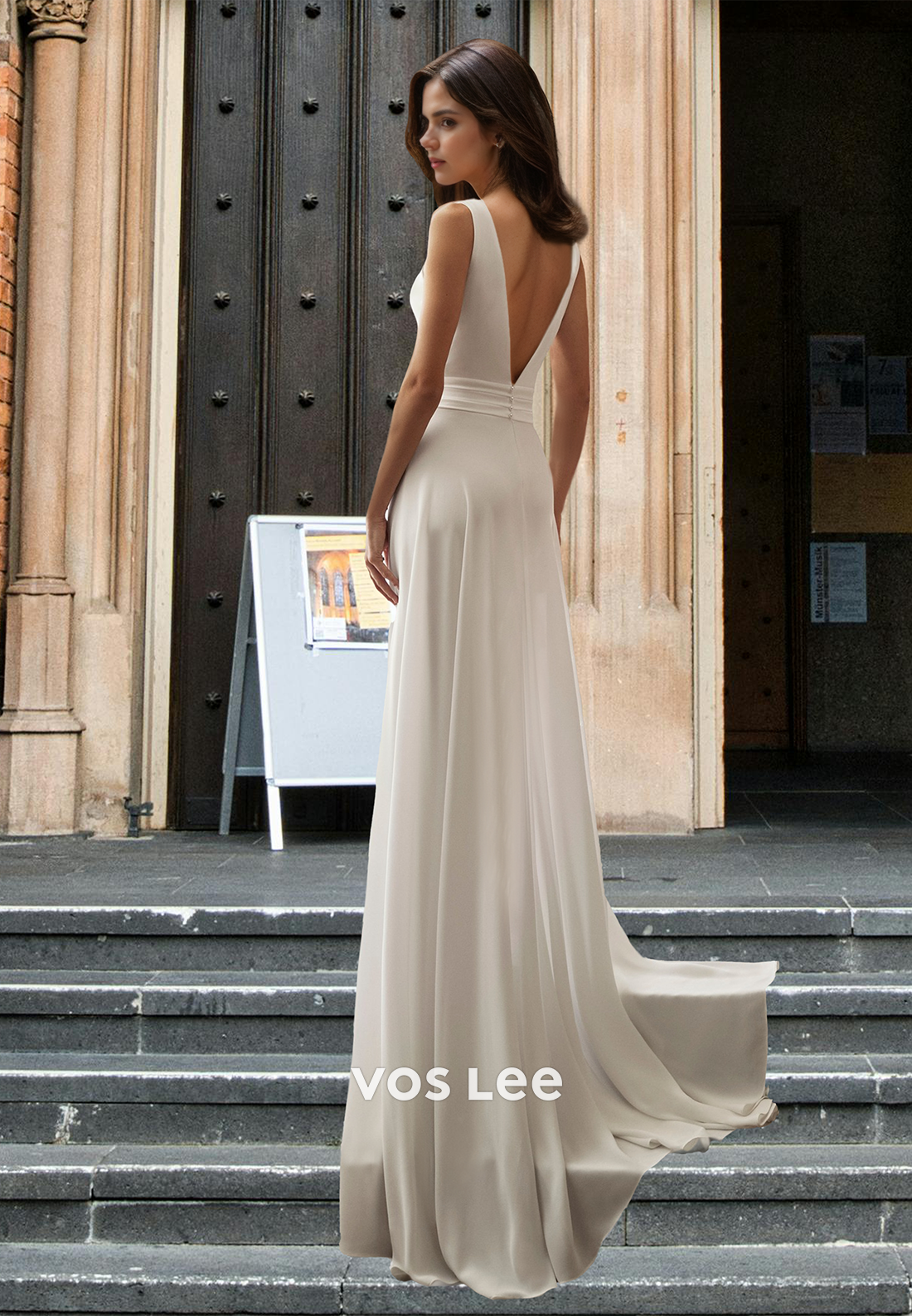 Simple A-Line V Neck Backless Sweep Train Pleated Satin Wedding Guest Dress