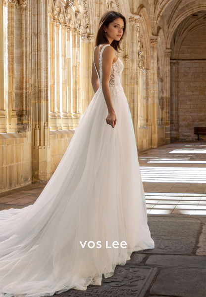 Ornate Plunging V Neck Illusion A-Line Backless Tulle Court Train Wedding Dress