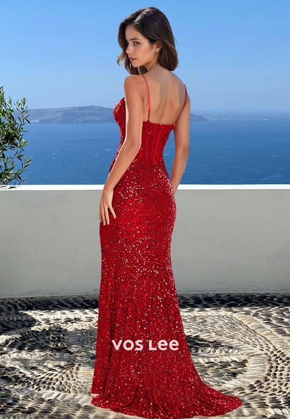 Red Column V Neck Back Zipper Sweep Train Sequins Sparkly Prom Formal Dress