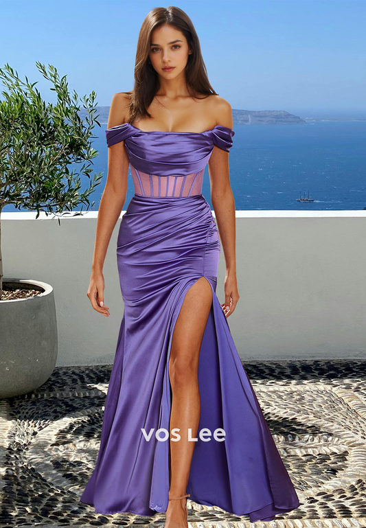 Unique Column Off Shoulder Sleeveless Sweep Train Ruched Prom Evening Dress