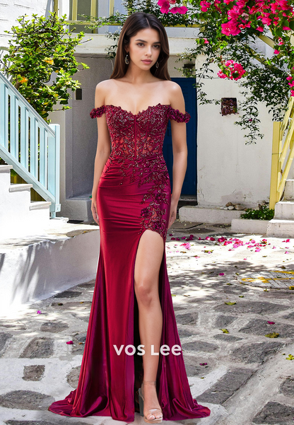 Charming Column Off Shoulder Red Lace Appliques Sequins Prom Evening Dress