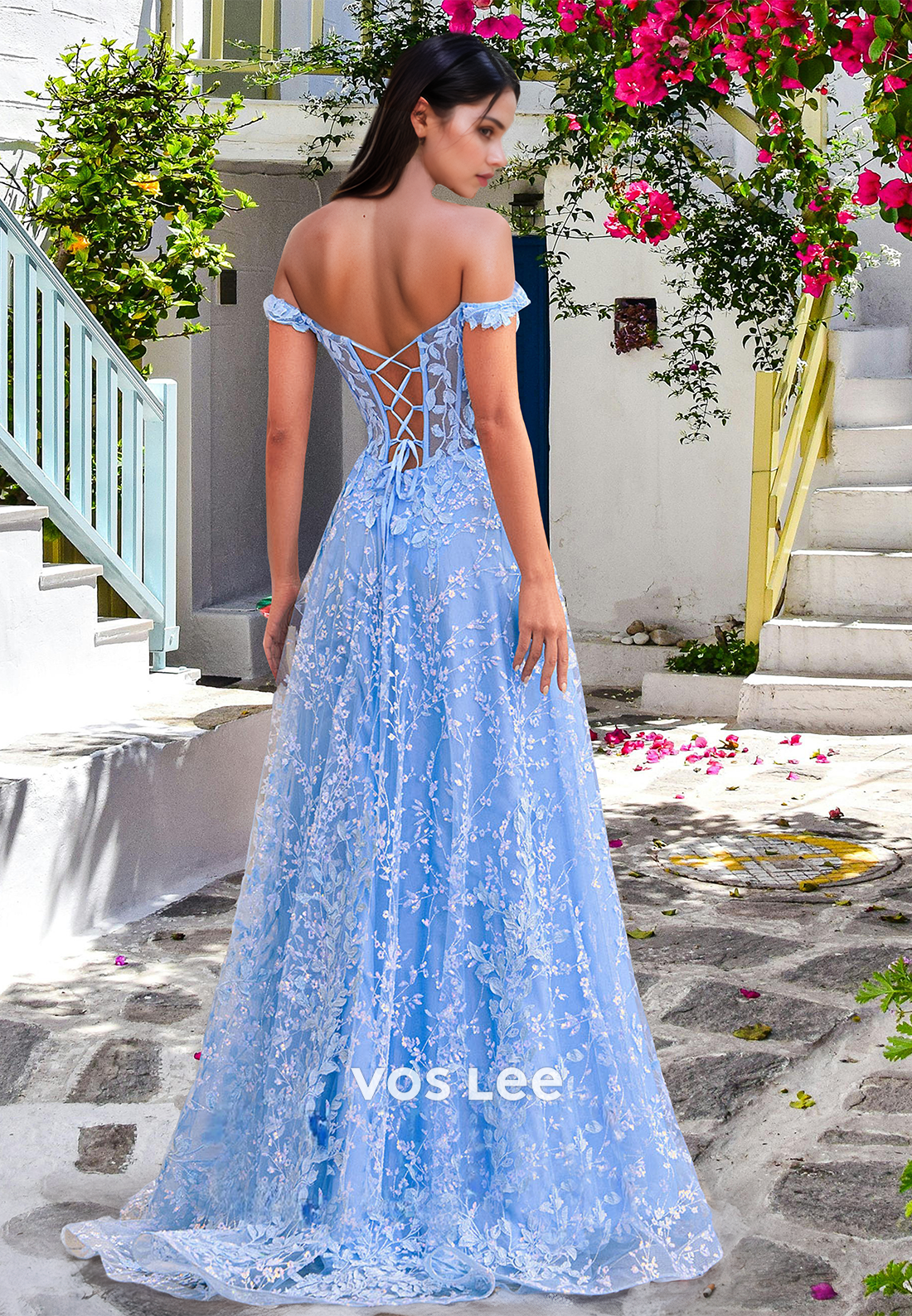 Gorgeous A-Line Off Shoulder Lace Up Appliques Side Split Prom Graduation Dress