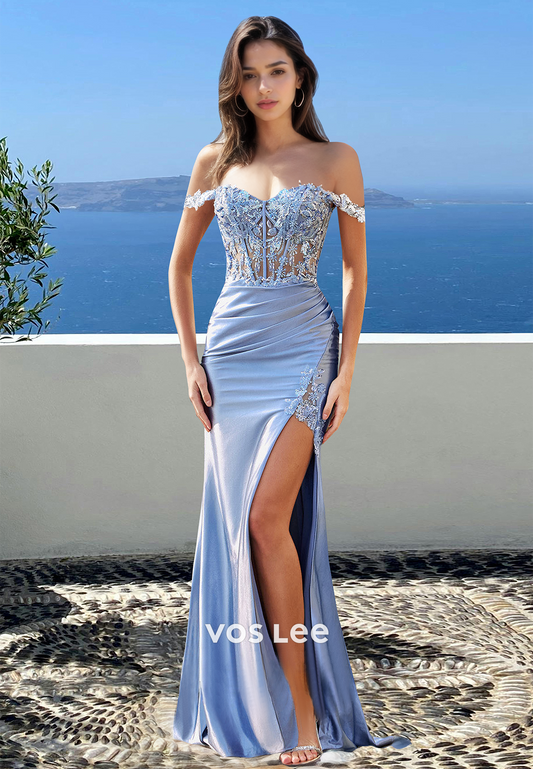 Graceful Sheath Off Shoulder Lace Appliques High Split Prom Formal Dress