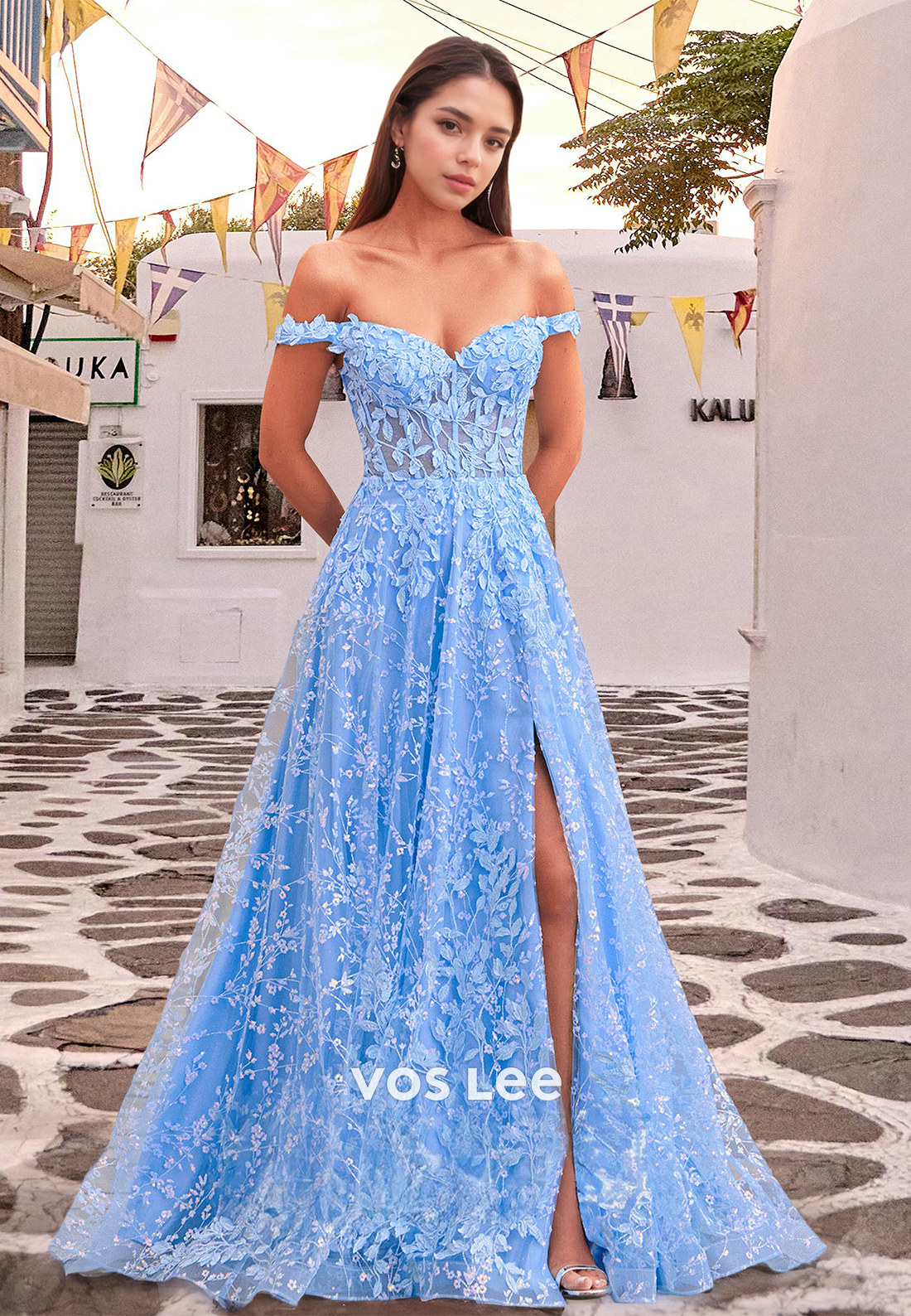 Gorgeous A-Line Off Shoulder Lace Up Appliques Side Split Prom Graduation Dress