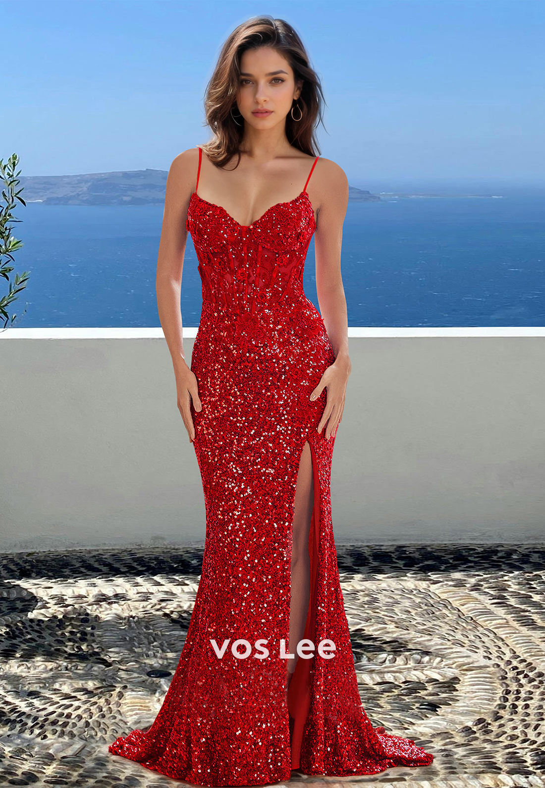 Red Column V Neck Back Zipper Sweep Train Sequins Sparkly Prom Formal Dress