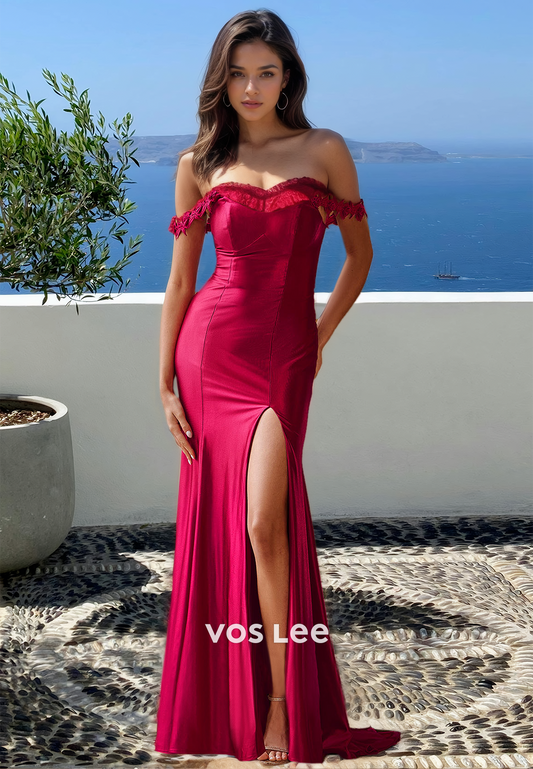 Unique Sheath Off Shoulder Back Zipper High Split Satin Prom Party Dress