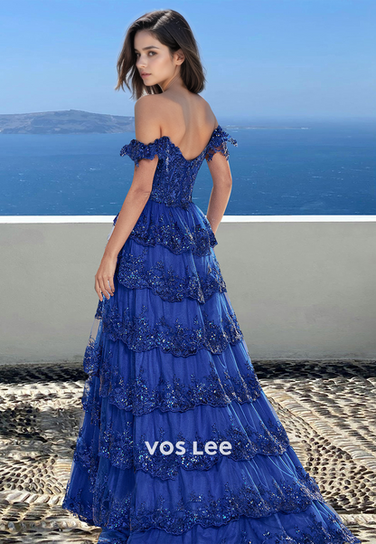 Luxury A-Line Off Shoulder Sleeveless Tiered Tulle Sqeuins Prom Evening Dress