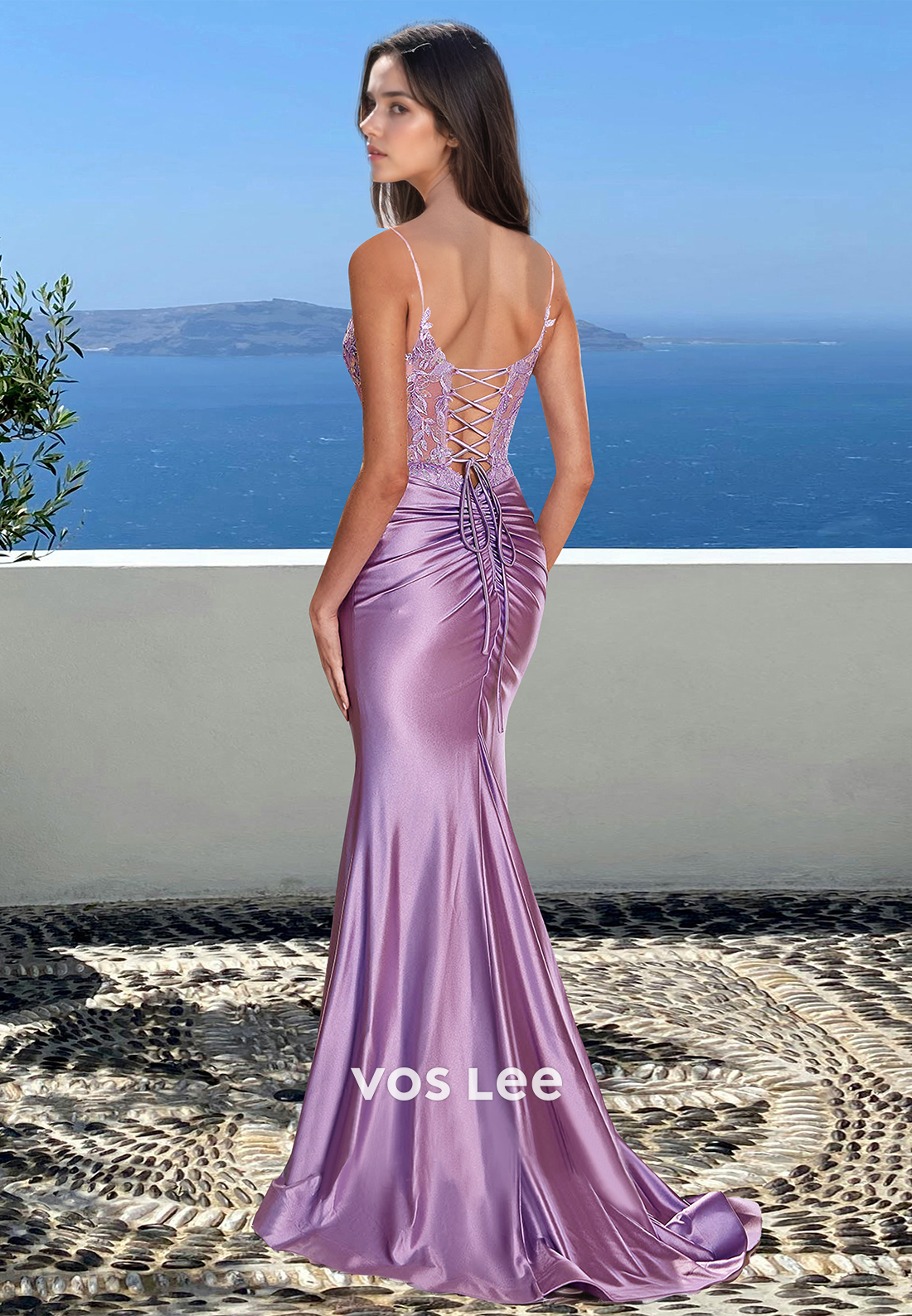 Elegant Sheath V Neck Lace Up Mermaid Appliques Sequins Prom Evening Dress