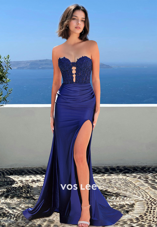 Royal Blue Sweetheart Sheath Sweep Train Draped Sequins Prom Formal Dress