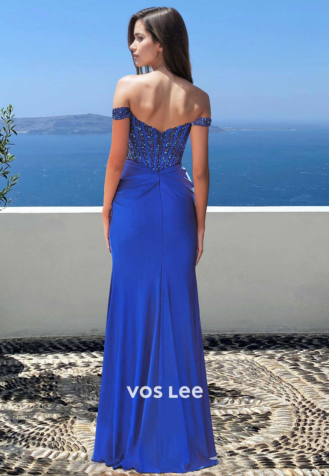 Simple Sheath Off Shoulder Back Zipper High Split Sequins Prom Formal Dress