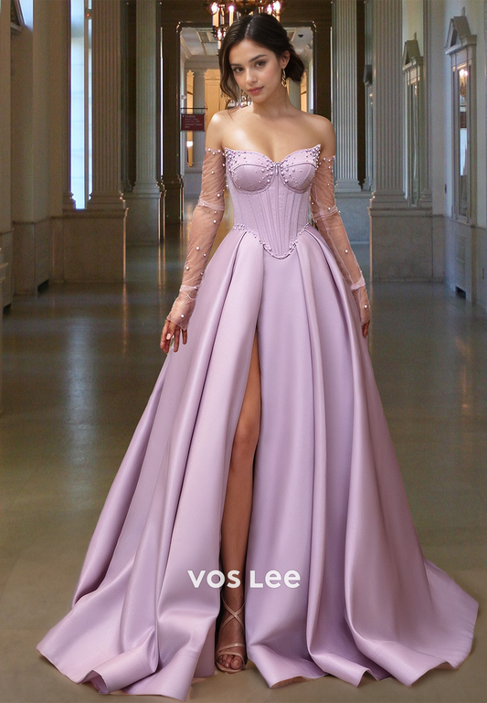 Charming A-Line Sweetheart Long Sleeves Beaded Pleated Prom Birthday Dress