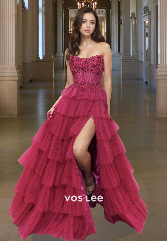 Gorgeous A-Line Strapless Lace Up Appliques Tiered Tulle Prom Party Dress