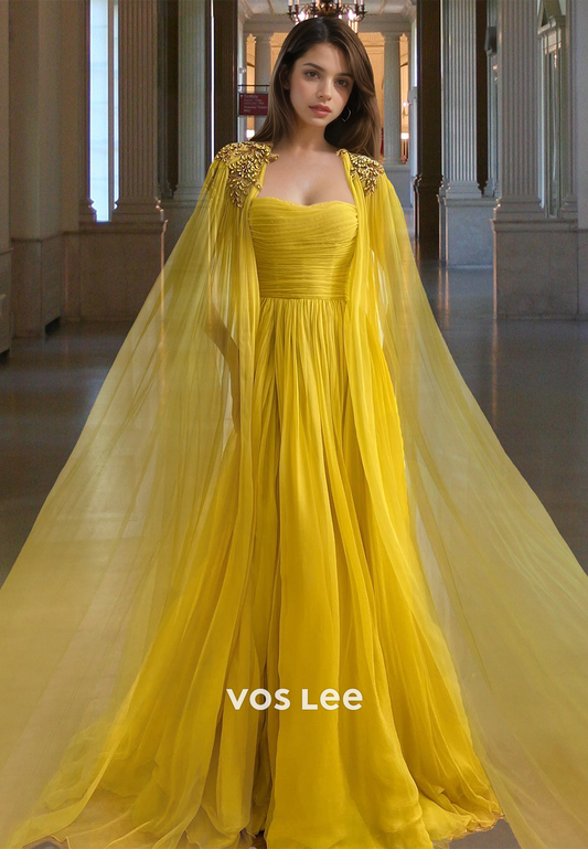 Unique A-Line Strapless Long Sleeves Pleated Tulle Prom Formal Dress with Split