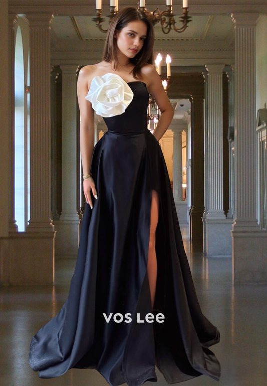 Unique A-Line Strapless Sweep Train 3D Flower Draped Prom Evening Dress with Split