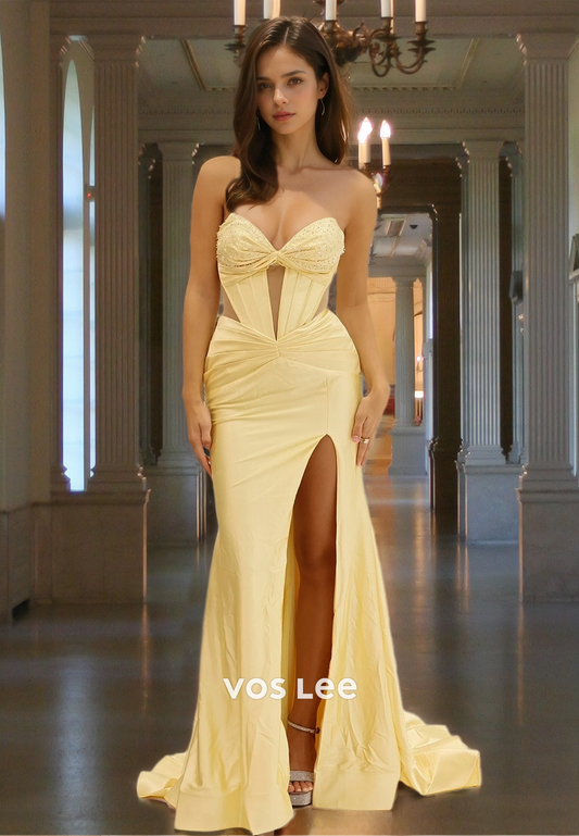 Elegant Column Sweetheart Lace Up Side Split Sweep Train Prom Party Dress