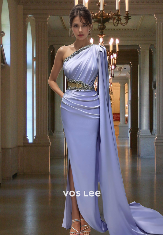 Lavender Column One Shoulder Sweep Train Beaded Prom Formal Dress with Split