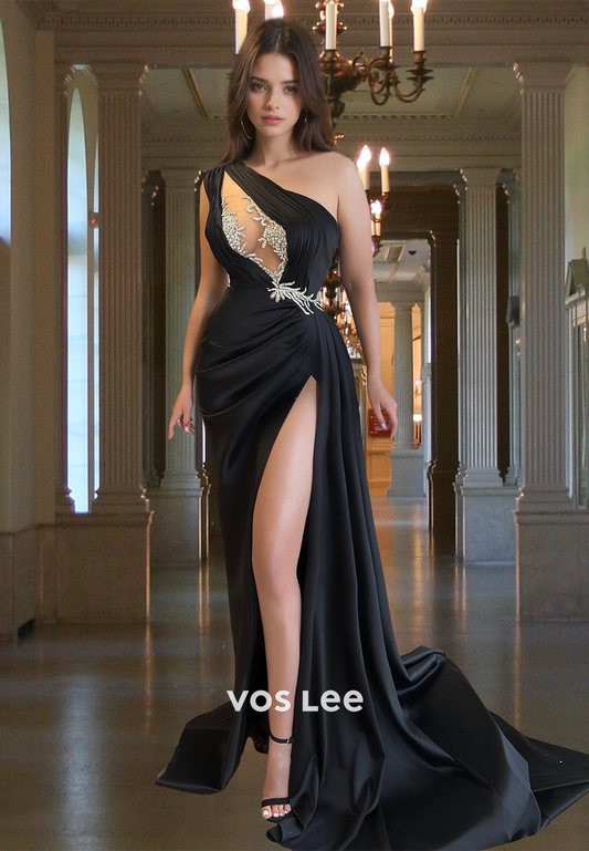 Sexy Column One Shoulder Illusion Beaded Ruched Satin Prom Evening Dress