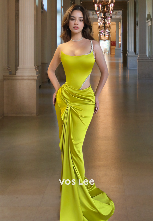 Simple Sheath One Shoulder Ruffled Sleeveless Sweep Train Prom Party Dress