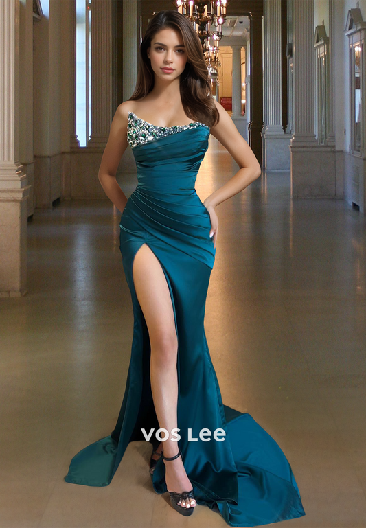 Graceful Column Strapless Sweep Train Beaded High Split Prom Formal Dress