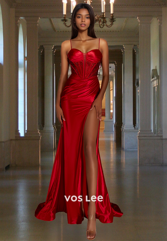 Classy Sheath Sweetheart Lace Up Side Split Sweep Train Prom Formal Dress Glitter