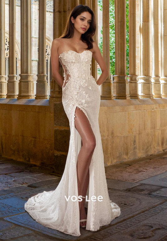 Gorgeous Sheath Sweetheart Side Split Lace Appliques Wedding Dress with Split