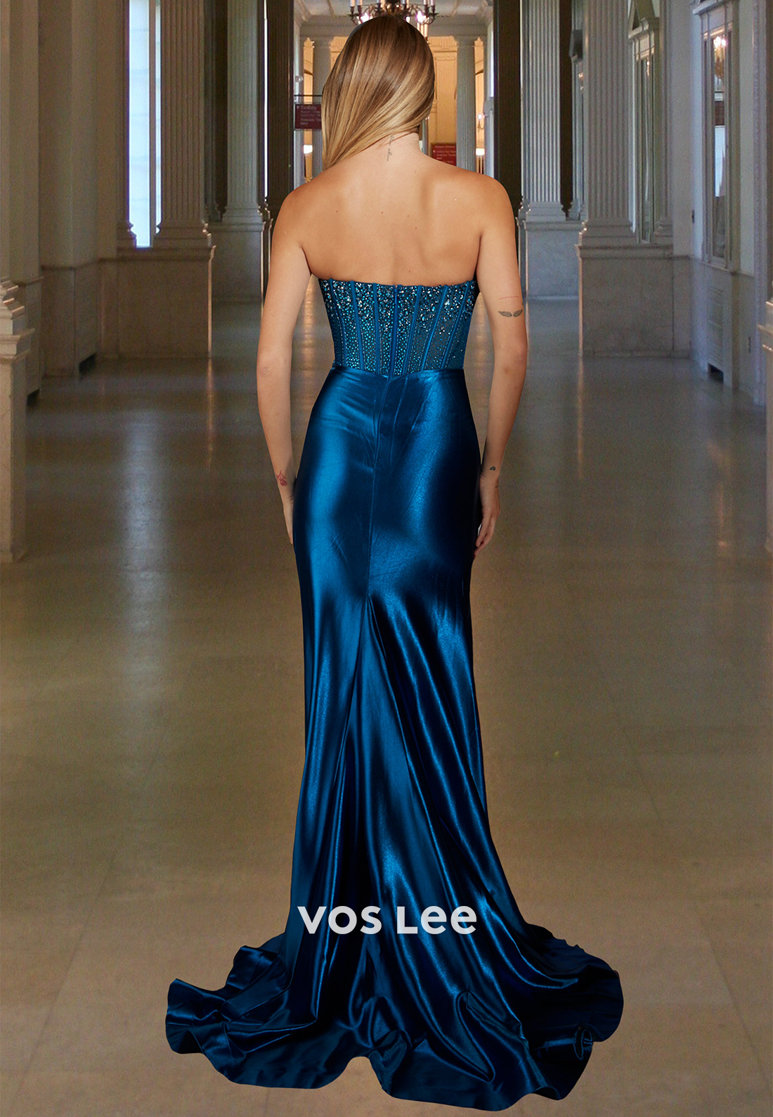 Classy Column Strapless Back Zipper High Split Sequins Prom Evening Dress