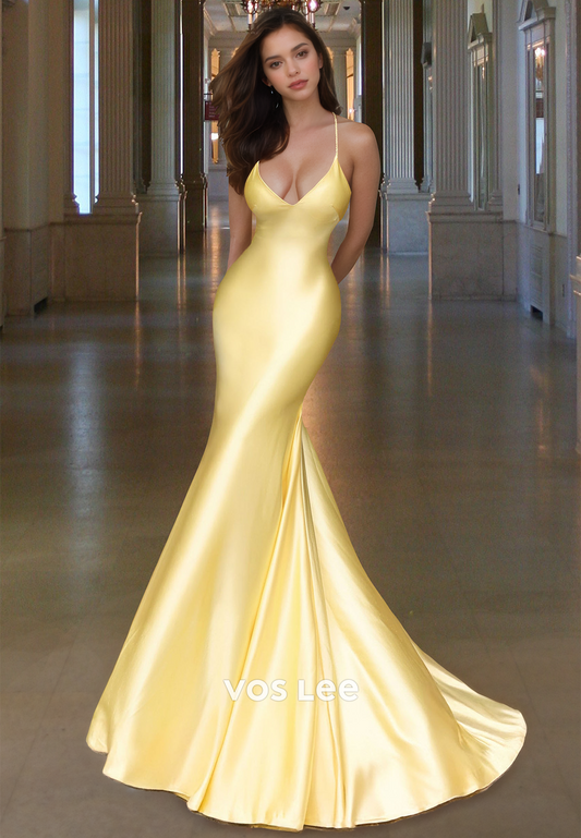 Sexy Mermaid Low V Neck Lace Up Sweep Train Ruched Satin Prom Party Dress