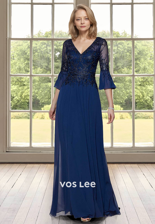 Ornate A-Line V Neck Half Sleeves Lace Appliques Ruched Mother of the Evening Dress